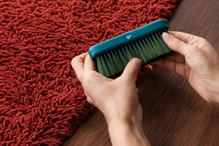 An image depicting an area rug with a specialized silicone bristle brush, designed to effortlessly remove pet hair