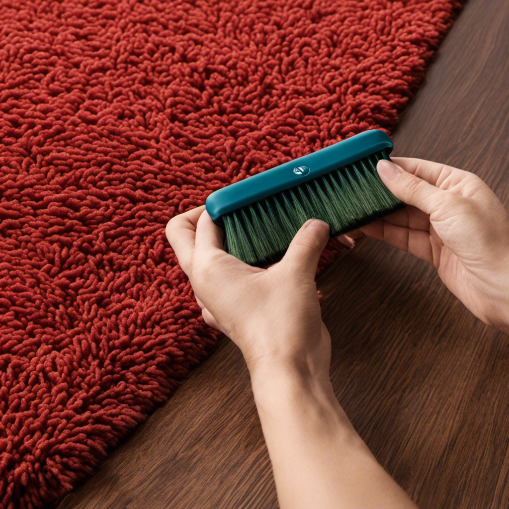 An image depicting an area rug with a specialized silicone bristle brush, designed to effortlessly remove pet hair