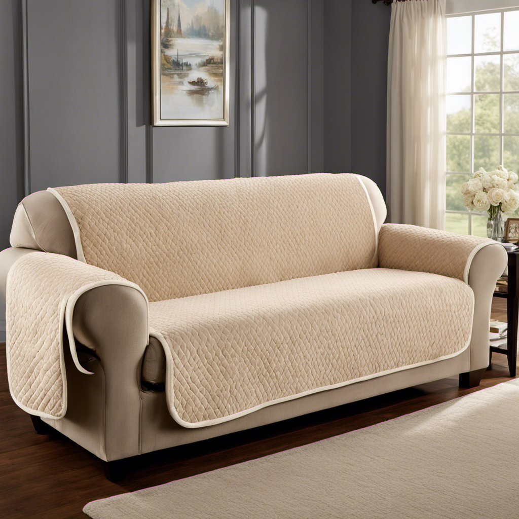 An image showcasing a plush, fitted sofa cover in a neutral tone, adorned with a multitude of soft, raised fabric loops that effortlessly trap and conceal pet hair