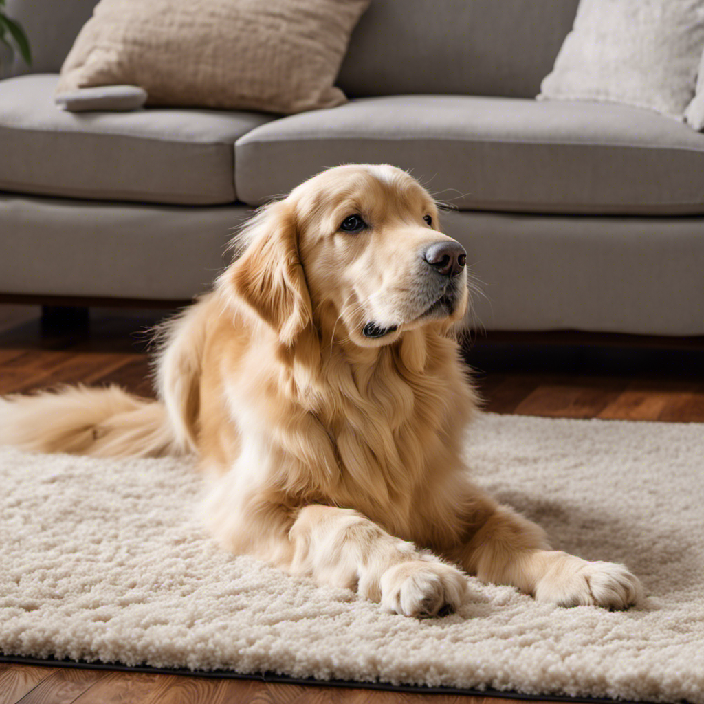 An image showcasing a vacuum's powerful suction, featuring a fluffy golden retriever shedding fur on a plush carpet