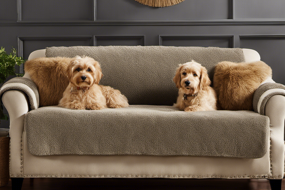 An image showcasing a comfortable couch covered in tightly woven, microfiber fabric, repelling pet hair effortlessly