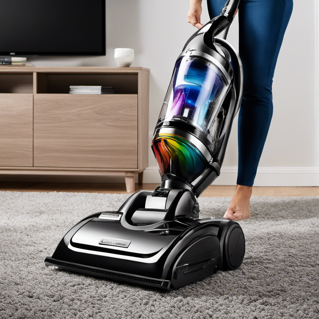 An image showcasing a sleek, modern Rainbow vacuum effortlessly removing pet hair from a luxurious, deep-pile carpet