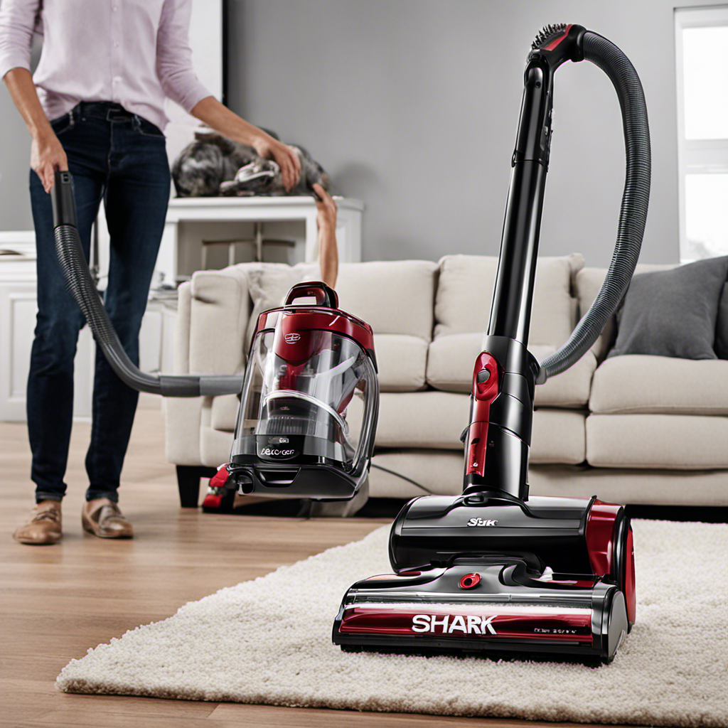 An image showcasing the Shark NV356E vacuum cleaner with a variety of pet hair power brush attachments