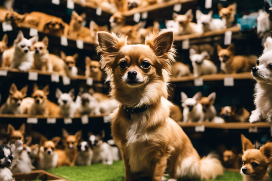 An image showcasing a bustling pet store in Houston, filled with aisles of adorable long-haired Chihuahuas