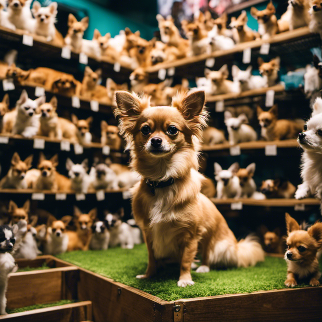 An image showcasing a bustling pet store in Houston, filled with aisles of adorable long-haired Chihuahuas