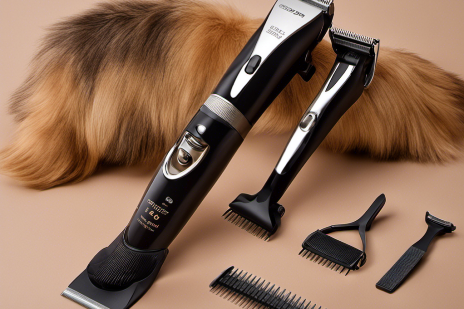 An image showcasing a professional pet trimmer with sharp, stainless steel blades gliding effortlessly through a tangled, matted coat of a furry companion, revealing a smooth, glossy fur underneath