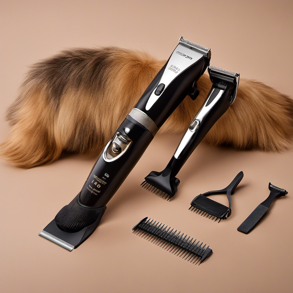 An image showcasing a professional pet trimmer with sharp, stainless steel blades gliding effortlessly through a tangled, matted coat of a furry companion, revealing a smooth, glossy fur underneath