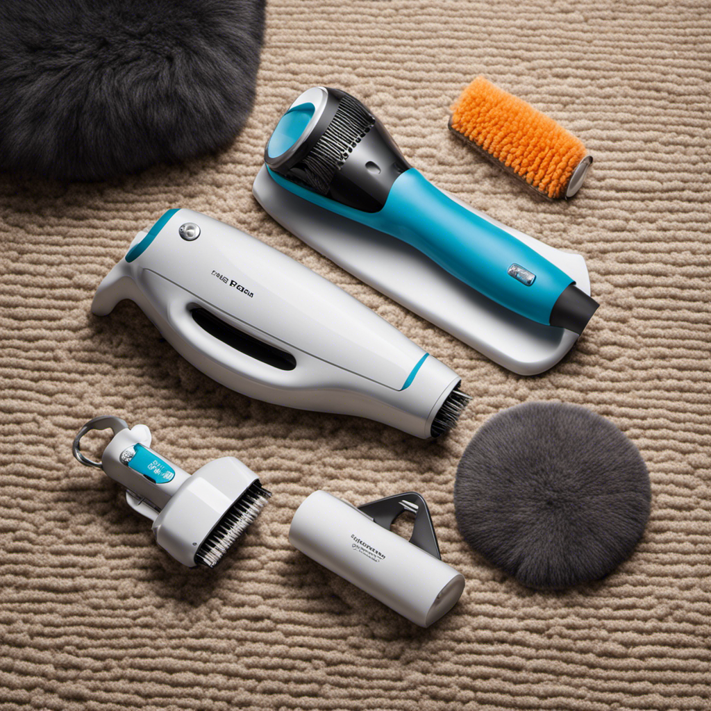 An image showcasing a variety of pet hair removal tools, including a vacuum cleaner with a rotating brush, a lint roller with adhesive sheets, and a rubber grooming glove, highlighting their effectiveness in collecting fur from carpets, upholstery, and clothing