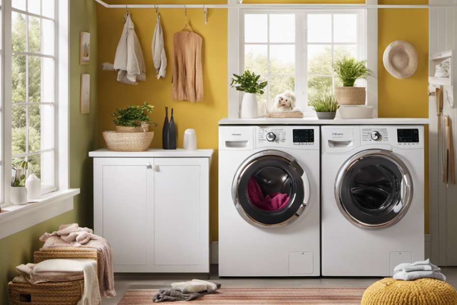 An image showcasing a vibrant laundry room scene, with a washing machine filled with freshly washed laundry covered in pet hair