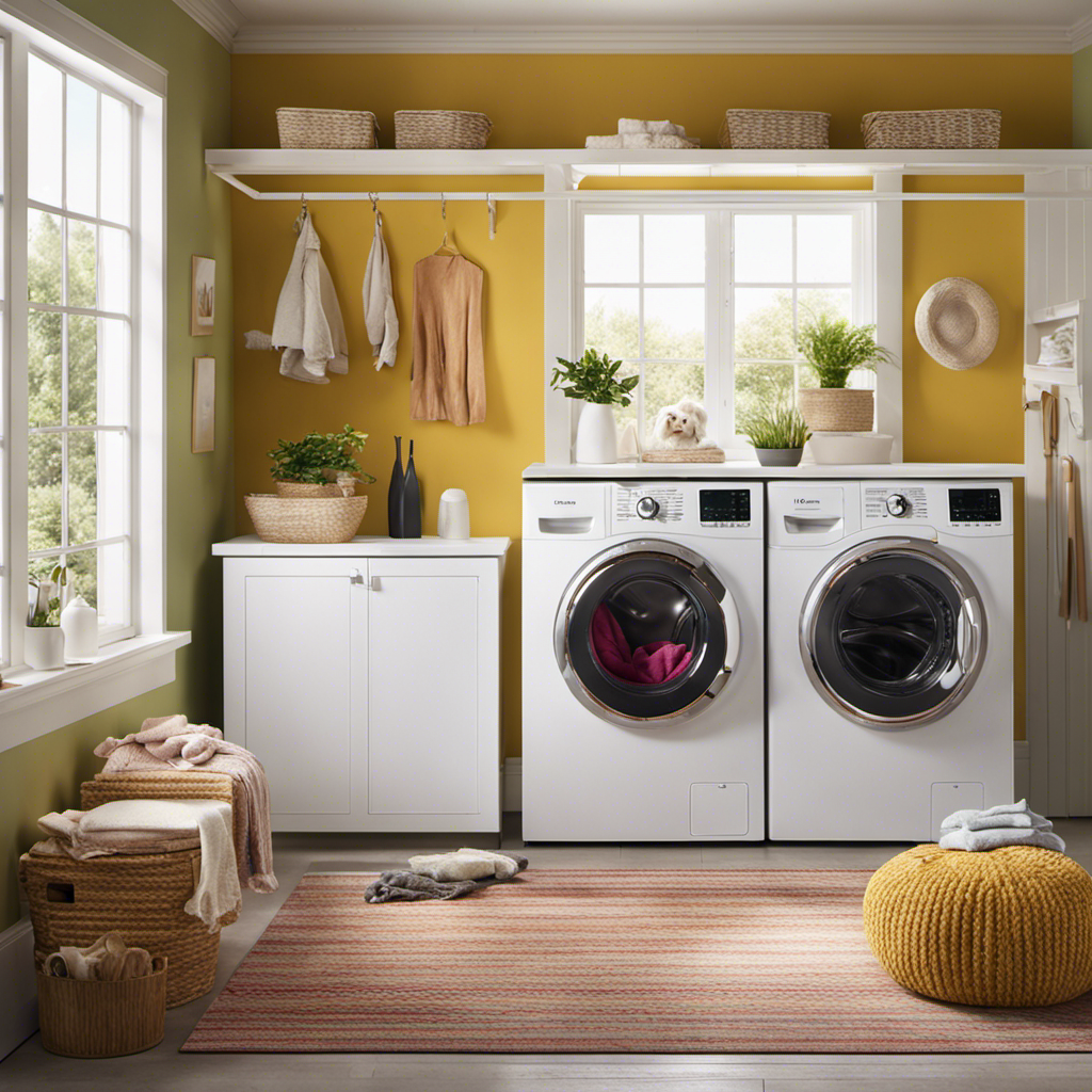 An image showcasing a vibrant laundry room scene, with a washing machine filled with freshly washed laundry covered in pet hair