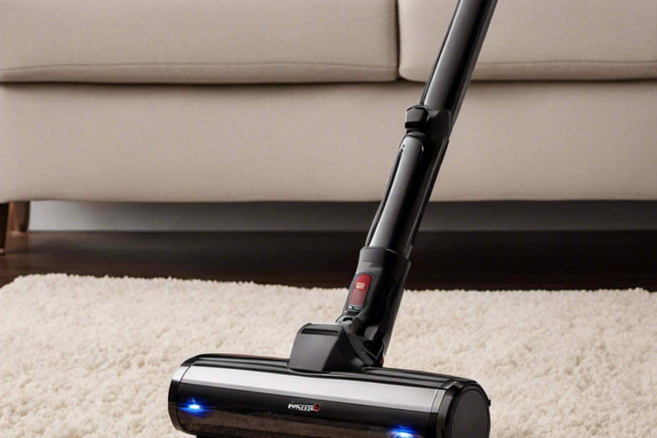 An image of a sleek, handheld vacuum with a motorized brush head, effortlessly gliding over a plush carpet