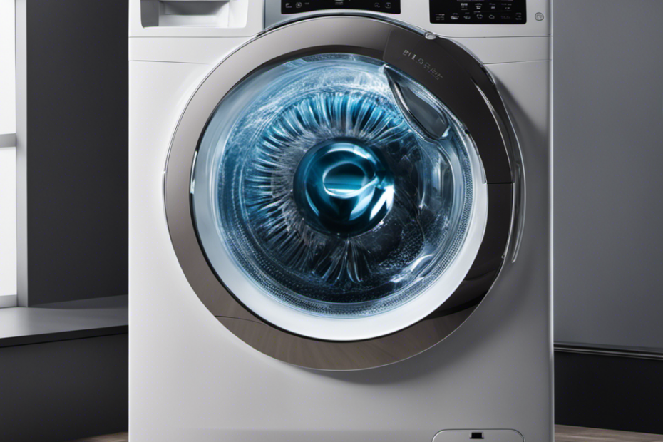 An image of a modern washing machine with a transparent drum filled with water, showcasing the intricate pulsating motion of the water jets, effectively dislodging and rinsing off pet hair from clothes