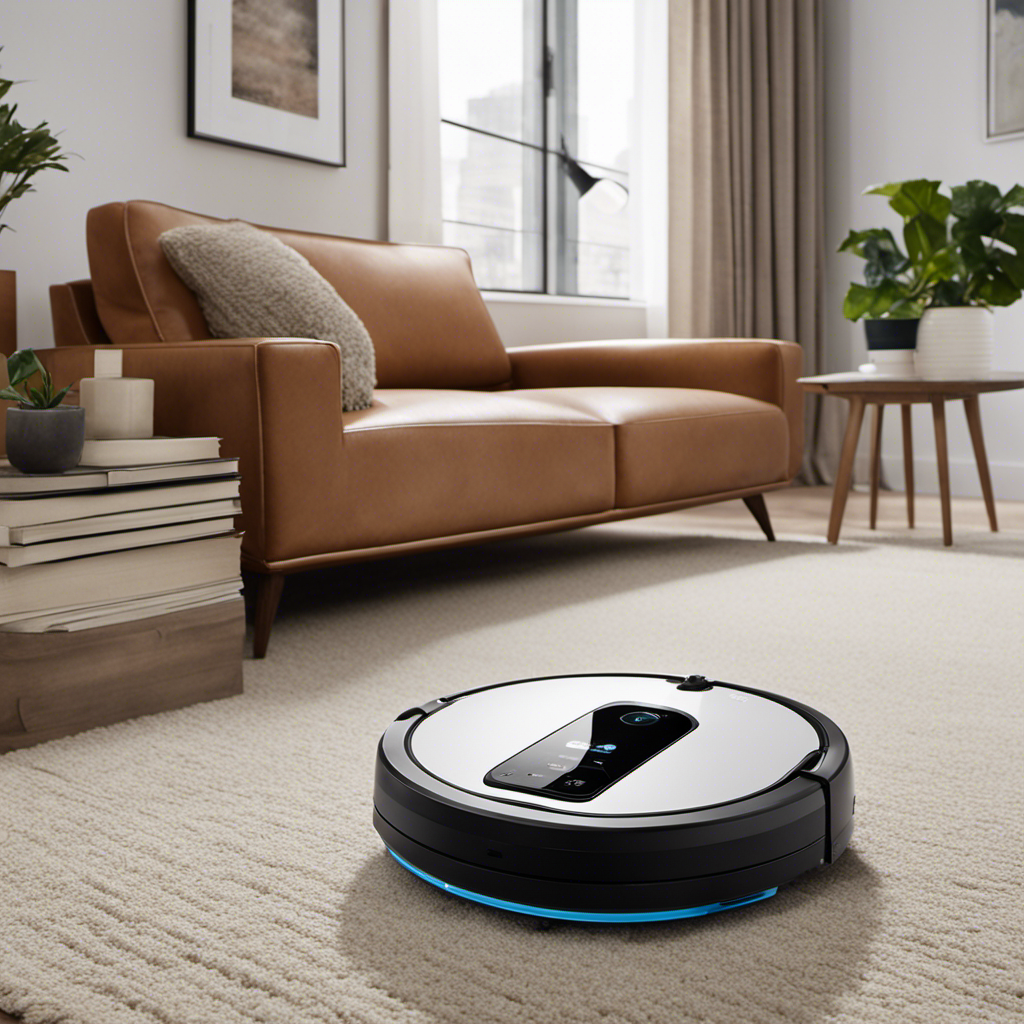 An image featuring a robot vacuum effortlessly gliding across a carpeted floor, seamlessly collecting clumps of pet hair from various angles