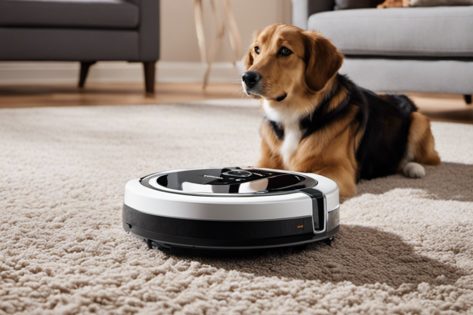 An image featuring a robot vacuum moving effortlessly across a plush carpet, effortlessly removing pet hair