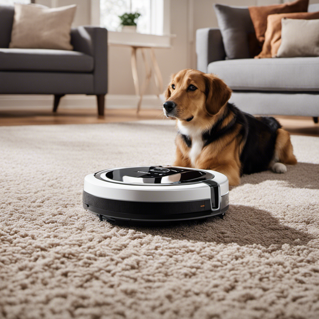 An image featuring a robot vacuum moving effortlessly across a plush carpet, effortlessly removing pet hair