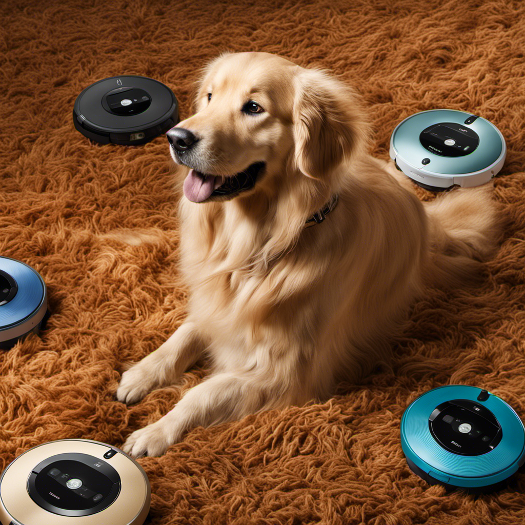 An image portraying a fluffy golden retriever happily sitting amidst a carpet of pet hair