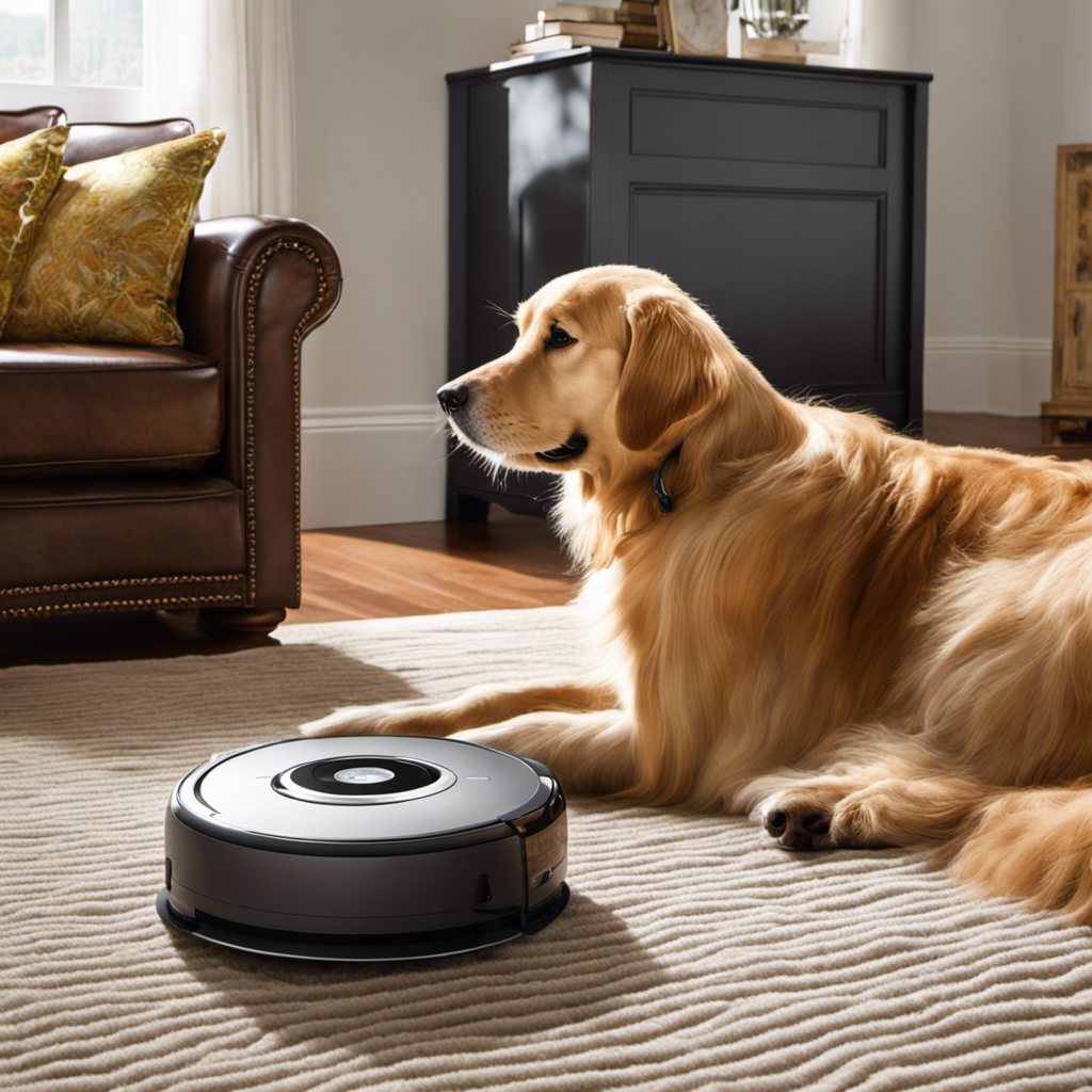 An image showcasing a fluffy, golden retriever shedding its luscious coat on a plush carpet, while a sleek, powerful Roomba effortlessly glides across, effortlessly sucking up every strand of pet hair in its path