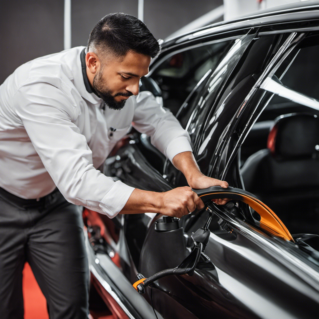An image showcasing a professional car detailing service in action, with a skilled technician meticulously vacuuming pet hair from the car's seats and carpets