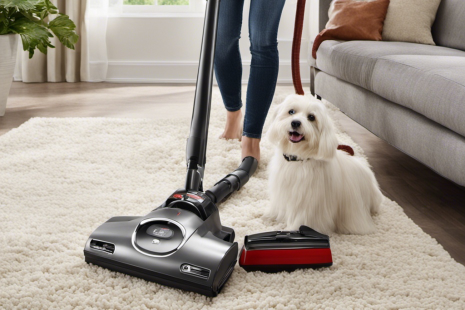 An image showcasing a vacuum cleaner set to its maximum suction power, equipped with a specialized pet hair attachment, effortlessly removing copious amounts of fur from a plush carpet, leaving it pristine and hair-free