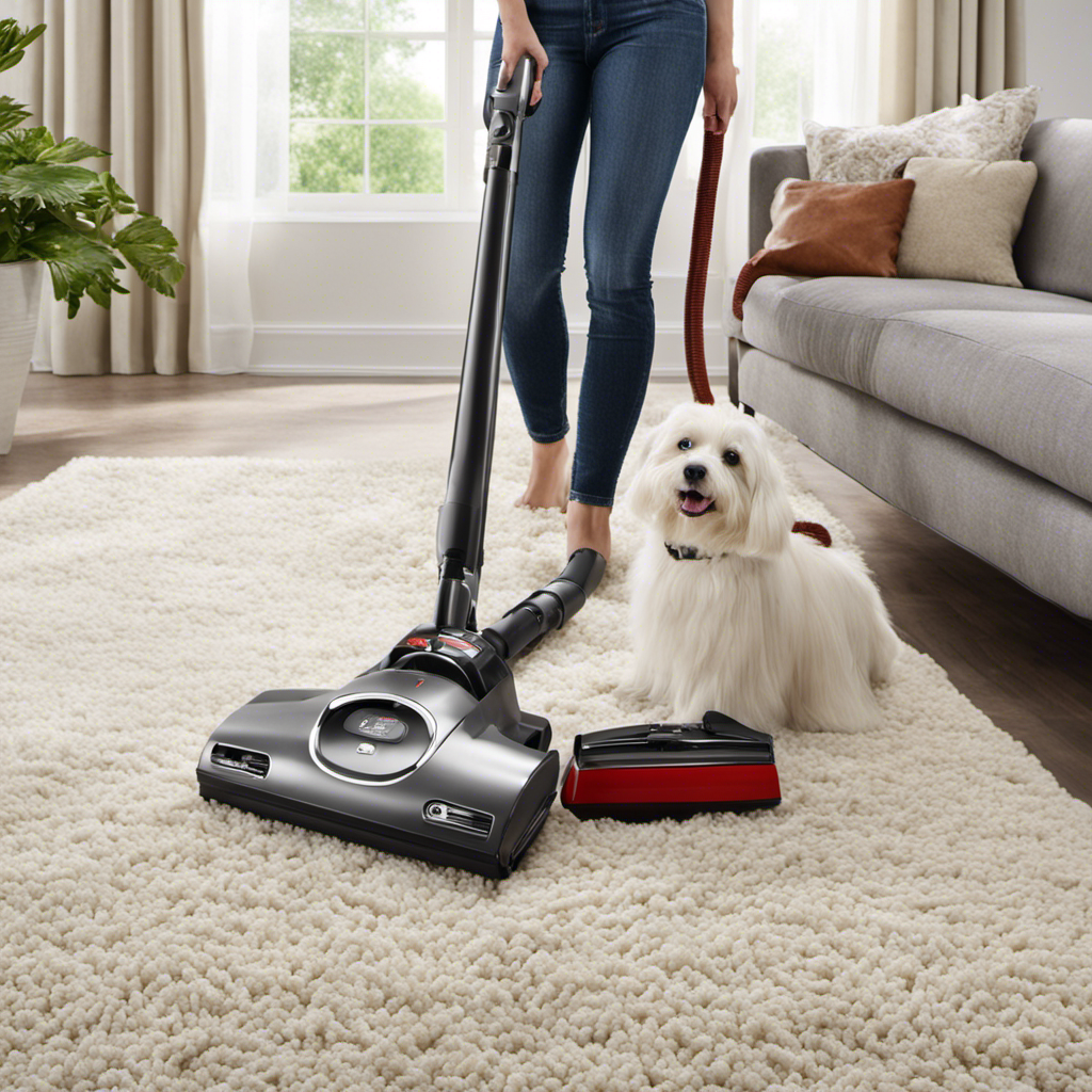 An image showcasing a vacuum cleaner set to its maximum suction power, equipped with a specialized pet hair attachment, effortlessly removing copious amounts of fur from a plush carpet, leaving it pristine and hair-free