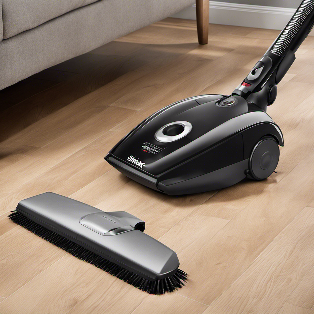 An image showcasing a sleek, powerful shark-shaped vacuum gliding effortlessly across various surfaces, effortlessly devouring pet hair