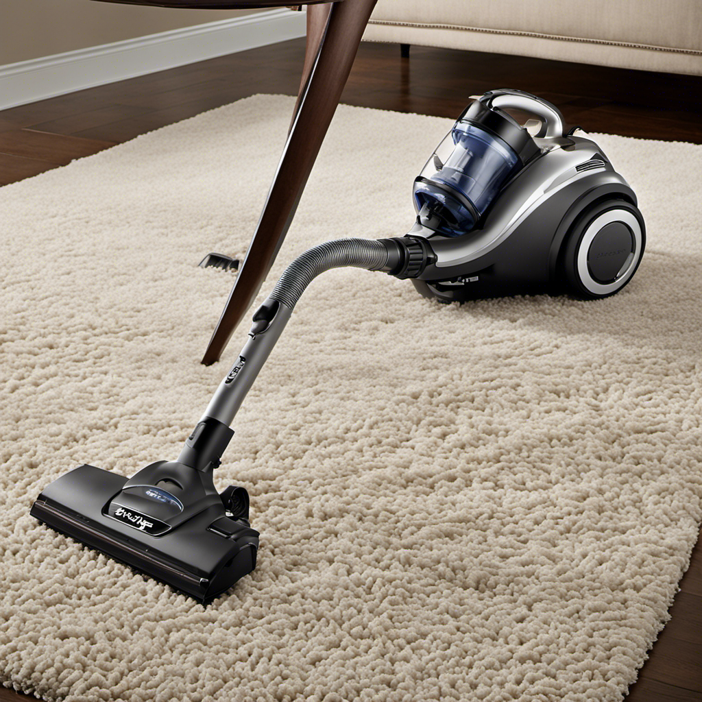 An image showcasing a sleek, powerful Shark vacuum effortlessly gliding over a plush carpet, capturing and removing long strands of pet hair with precision