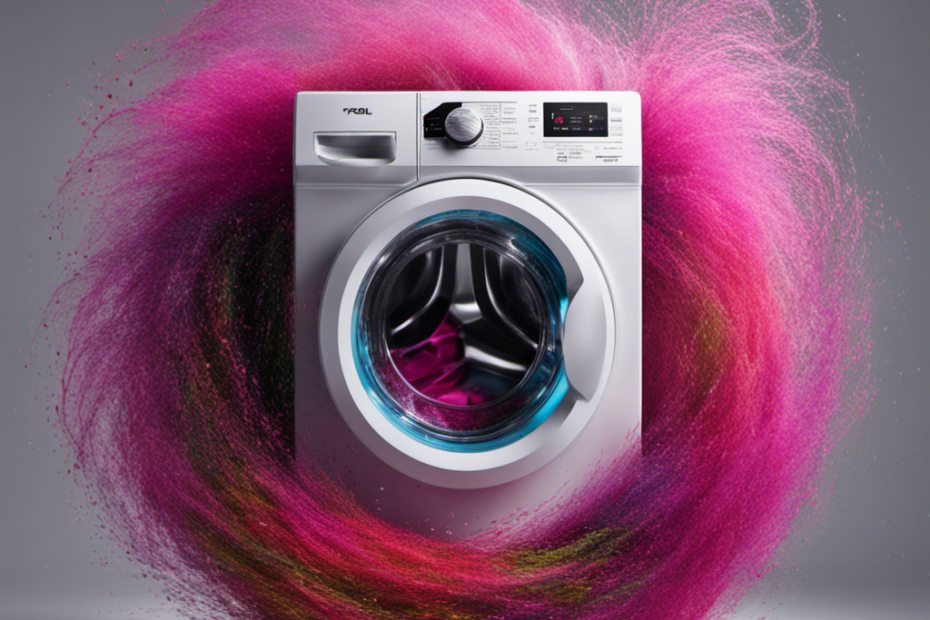 An image showcasing a washing machine filled with pet hair-covered clothes spinning at various speeds