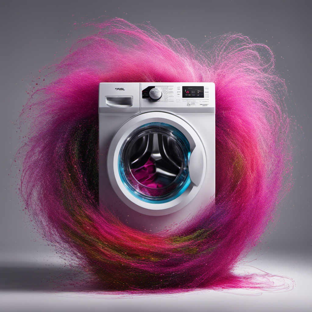 An image showcasing a washing machine filled with pet hair-covered clothes spinning at various speeds