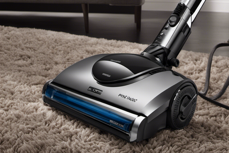 An image showcasing a sleek, modern vacuum cleaner with a powerful suction nozzle, effortlessly removing clumps of pet hair from a plush carpet