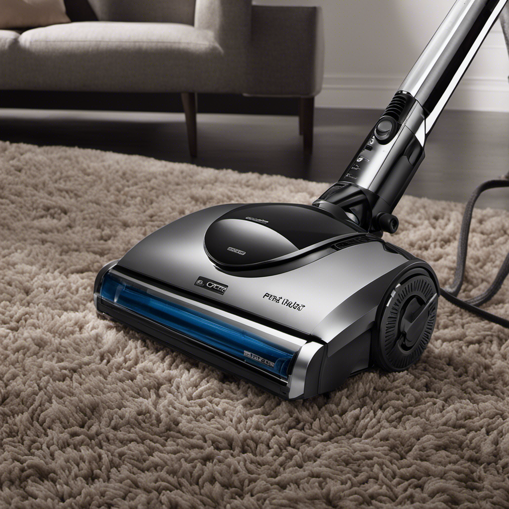 An image showcasing a sleek, modern vacuum cleaner with a powerful suction nozzle, effortlessly removing clumps of pet hair from a plush carpet