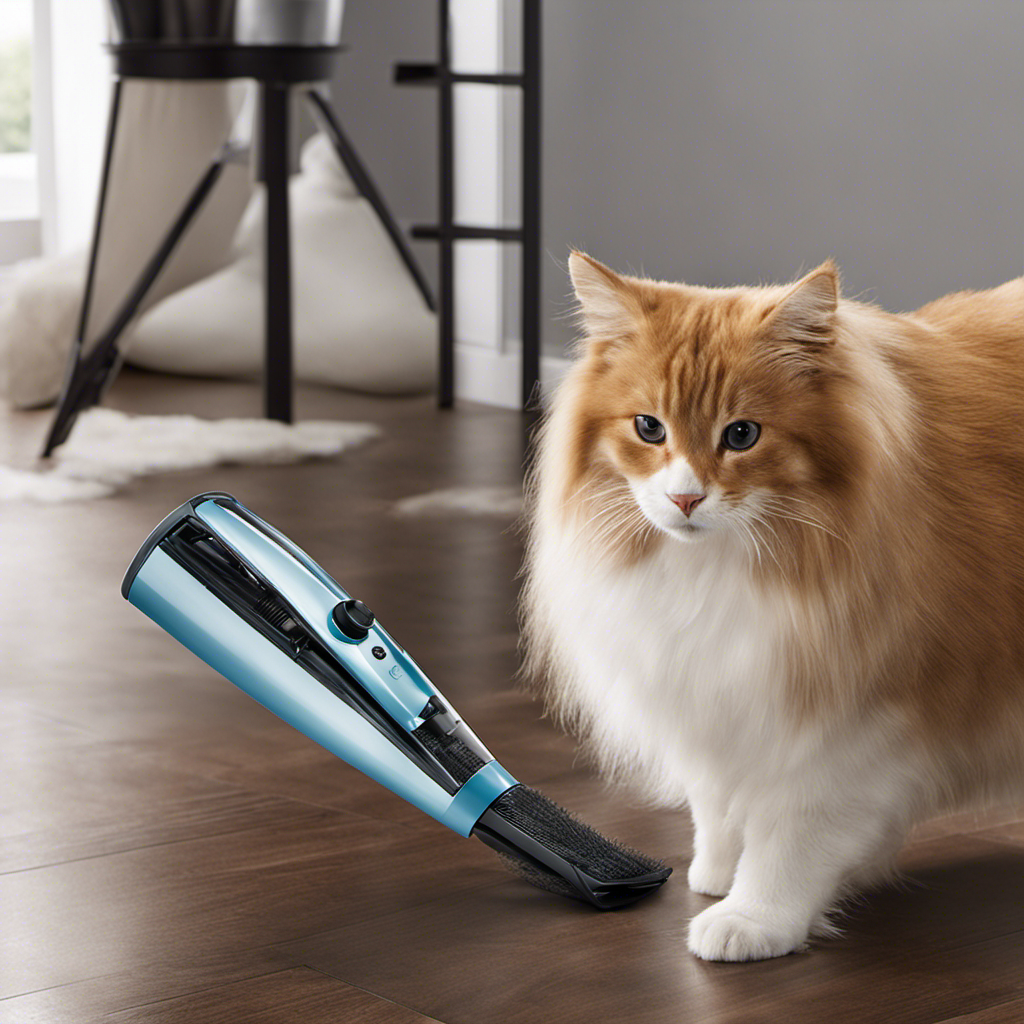 An image of a sleek, handheld vacuum specifically designed for pet hair, effortlessly sucking up fur from upholstery