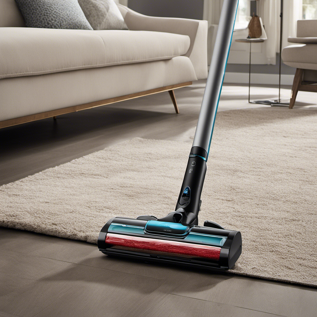 An image featuring a sleek, cordless vacuum cleaner with a powerful motor, equipped with a specialized pet hair attachment