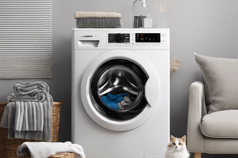 An image depicting a washing machine filled with laundry covered in pet hair