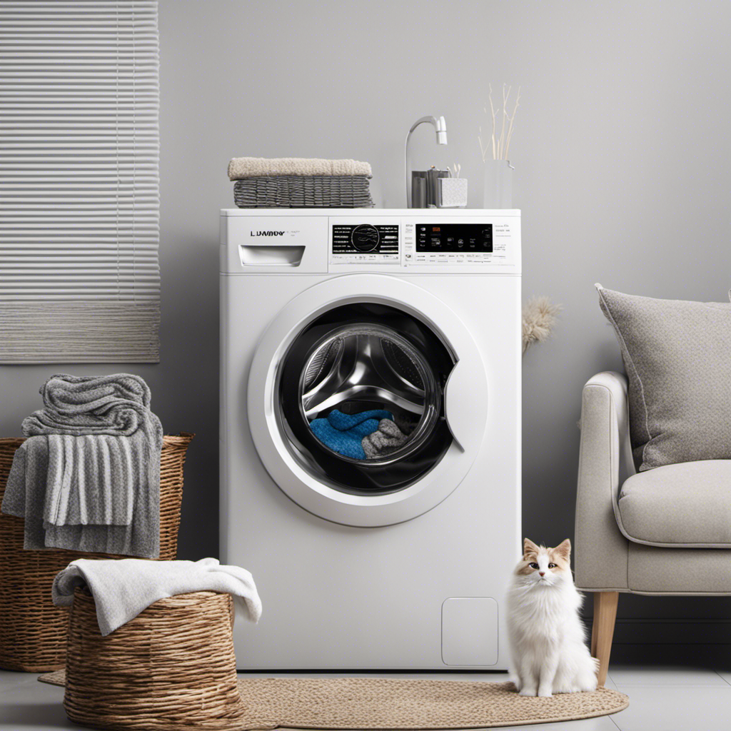 An image depicting a washing machine filled with laundry covered in pet hair