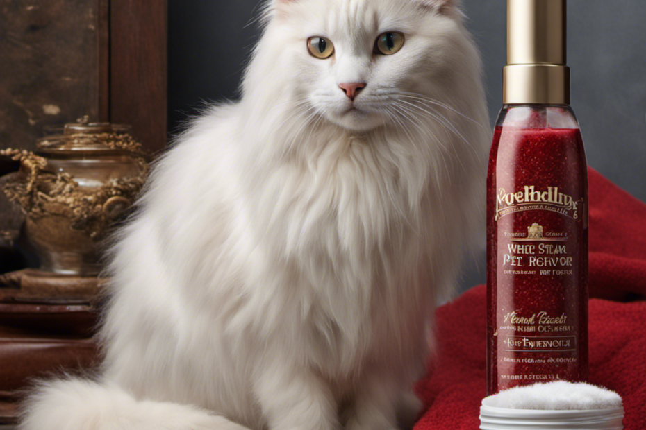 An image that showcases a white, fluffy cat with dried blood on its fur