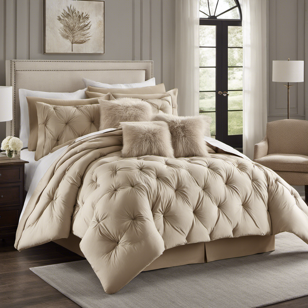 An image showcasing a cozy bedroom scene with a neutral-toned comforter adorned with tight-knit microfiber fabric