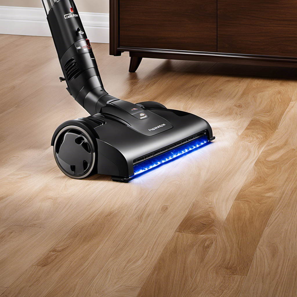 An image showcasing a spotless hardwood floor with a sleek vacuum cleaner, effortlessly gliding over it