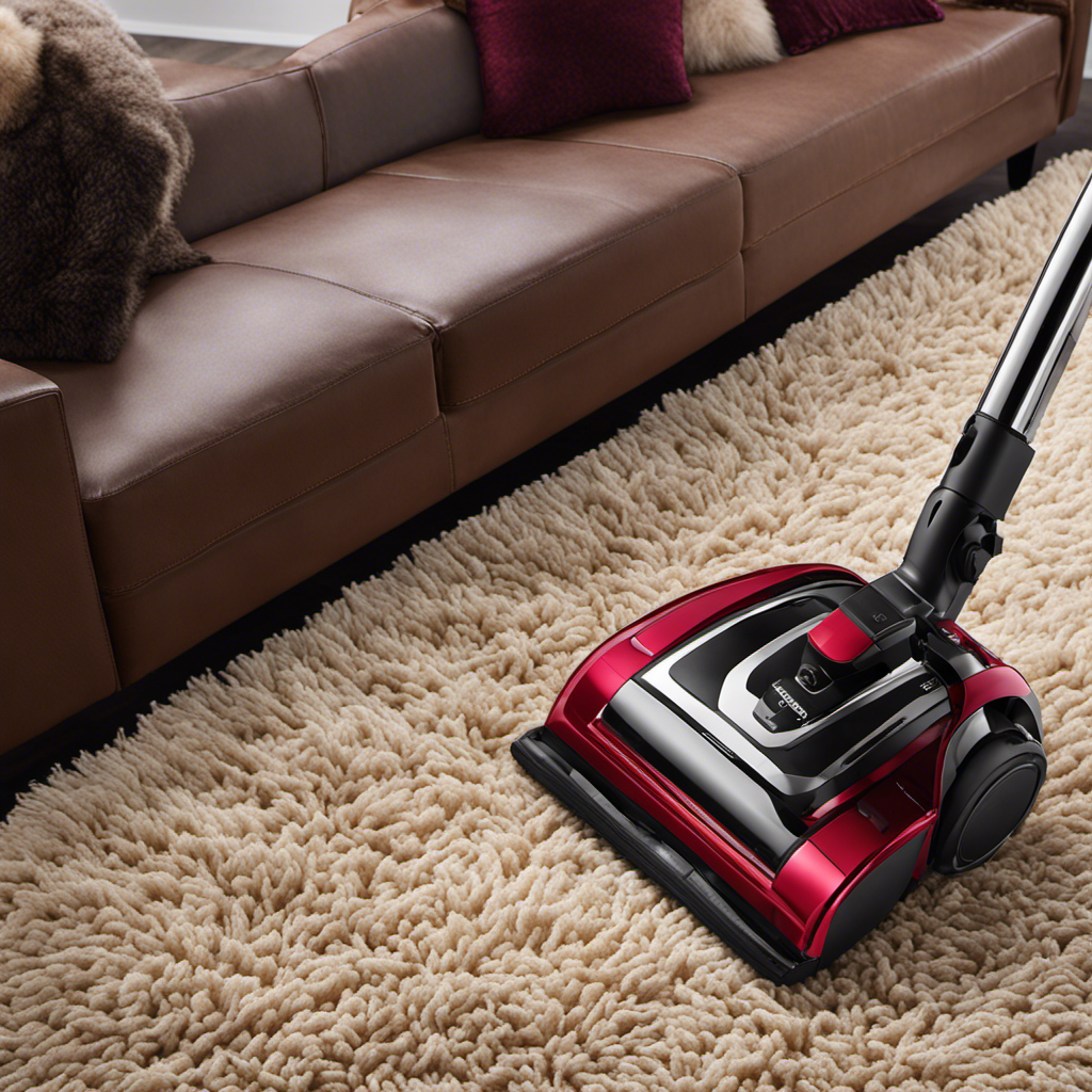 An image showcasing a powerful vacuum cleaner with specialized pet hair attachments, effortlessly lifting deeply embedded fur from a luxurious Berber carpet