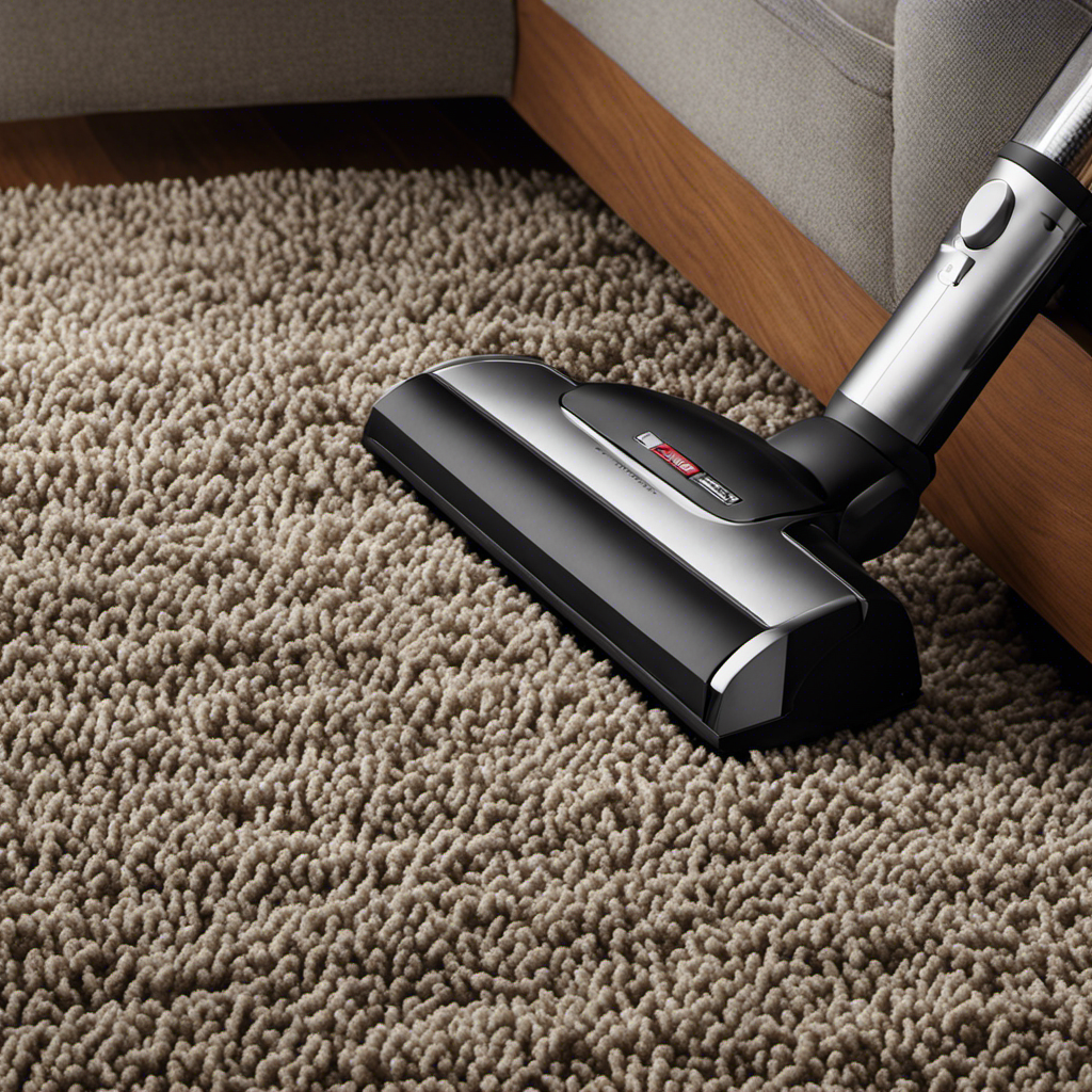 An image showcasing a luxurious carpet covered in tangled pet hair, with a sleek, cutting-edge vacuum effortlessly gliding over it, capturing every strand