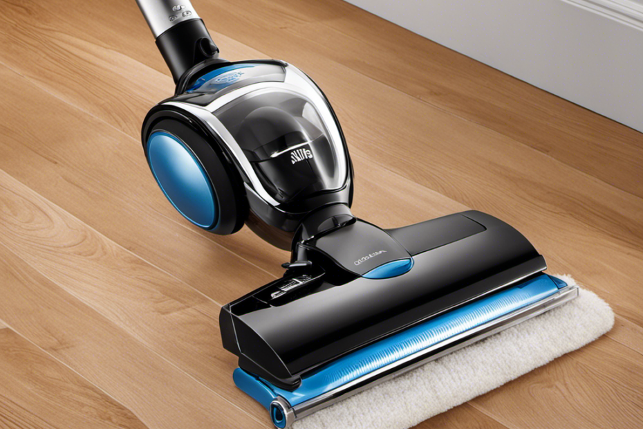 An image showcasing a sleek, lightweight vacuum gliding effortlessly across gleaming hardwood floors