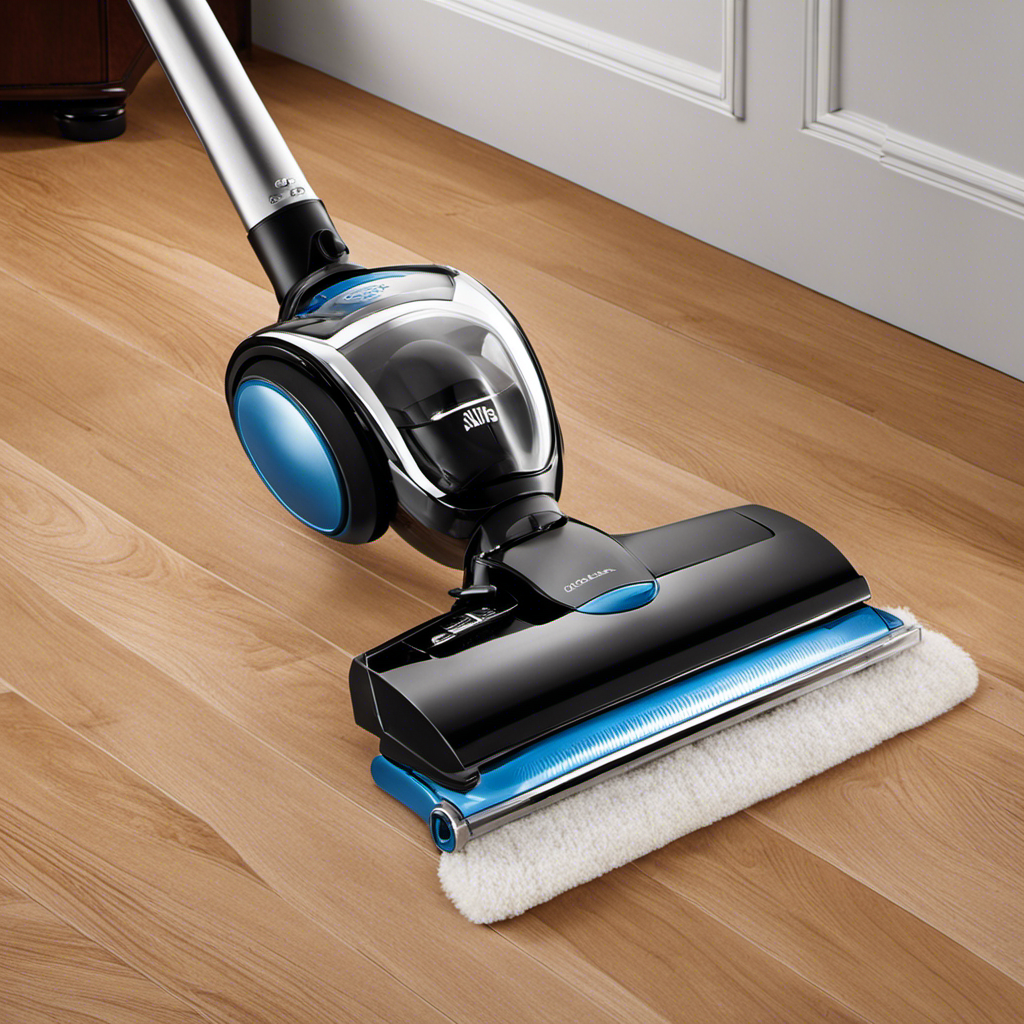 An image showcasing a sleek, lightweight vacuum gliding effortlessly across gleaming hardwood floors