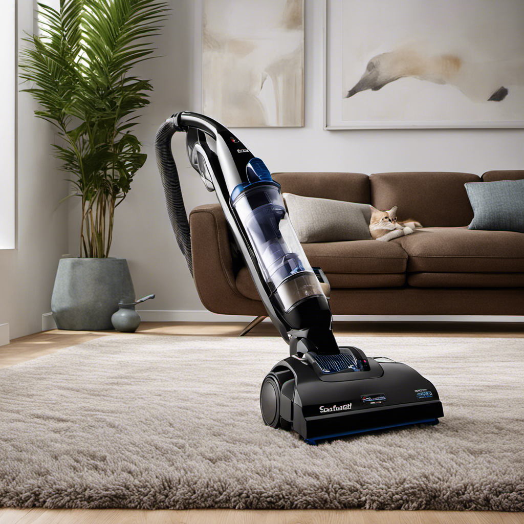 An image showcasing a powerful vacuum with specialized pet hair attachments, effortlessly removing stubborn fur from carpets, upholstery, and corners