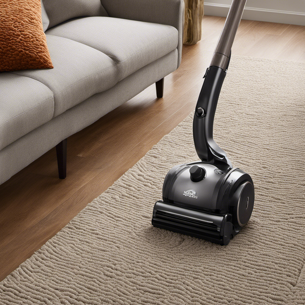 An image showcasing a vacuum cleaner's rotating brushroll effortlessly extracting an abundance of pet hair from a plush carpet