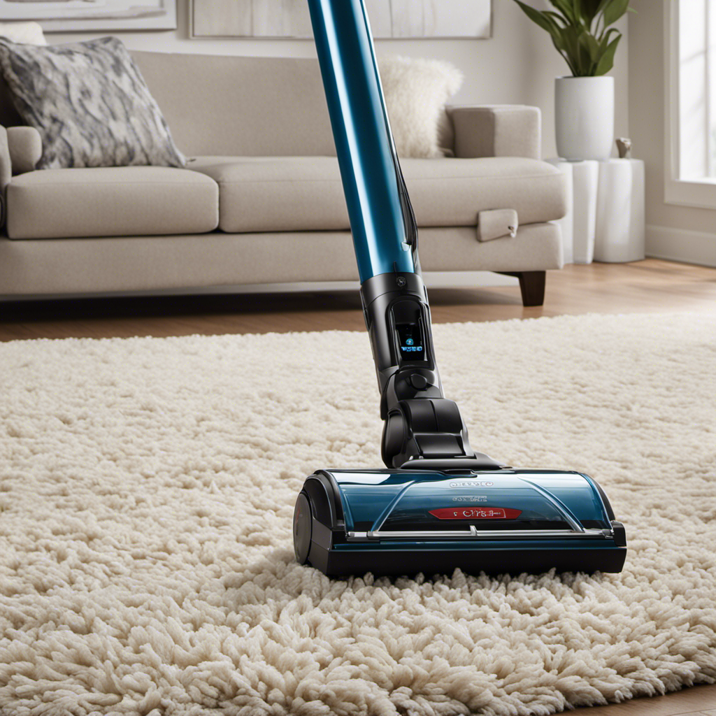 An image showcasing a vacuum's powerful suction, capturing vibrant fur strands being effortlessly lifted from a plush carpet