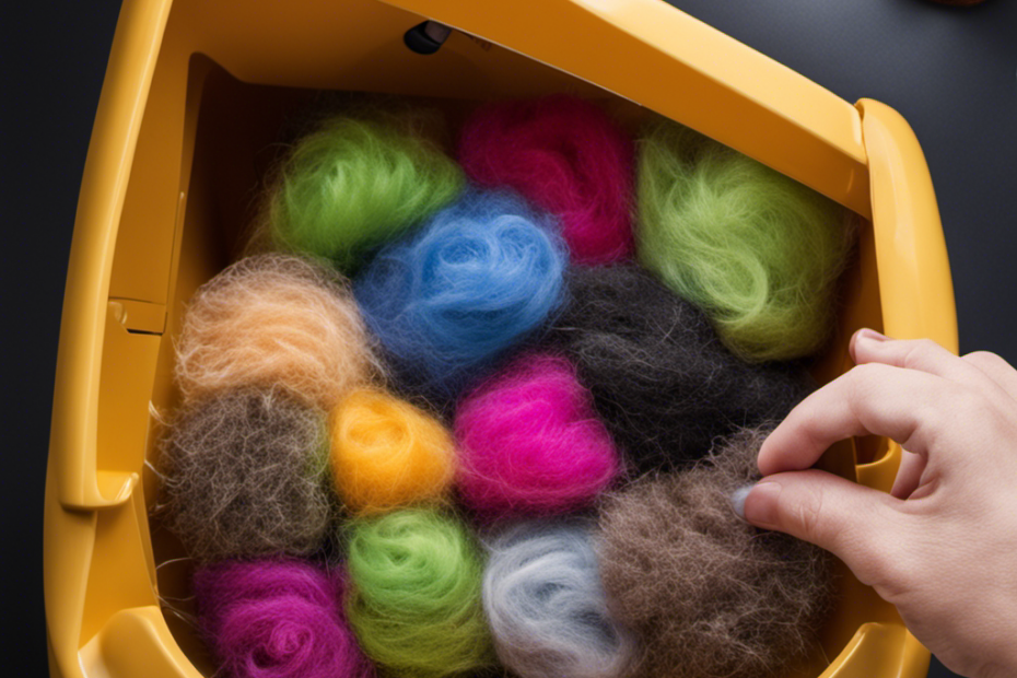 An image showcasing a close-up view of a dryer lint trap overflowing with an assortment of pet hair, tangled with lint and fuzz