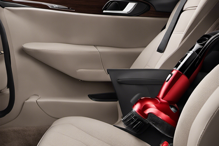 An image showcasing a handheld vacuum cleaner with a powerful suction nozzle, effortlessly removing pet hair from car seats