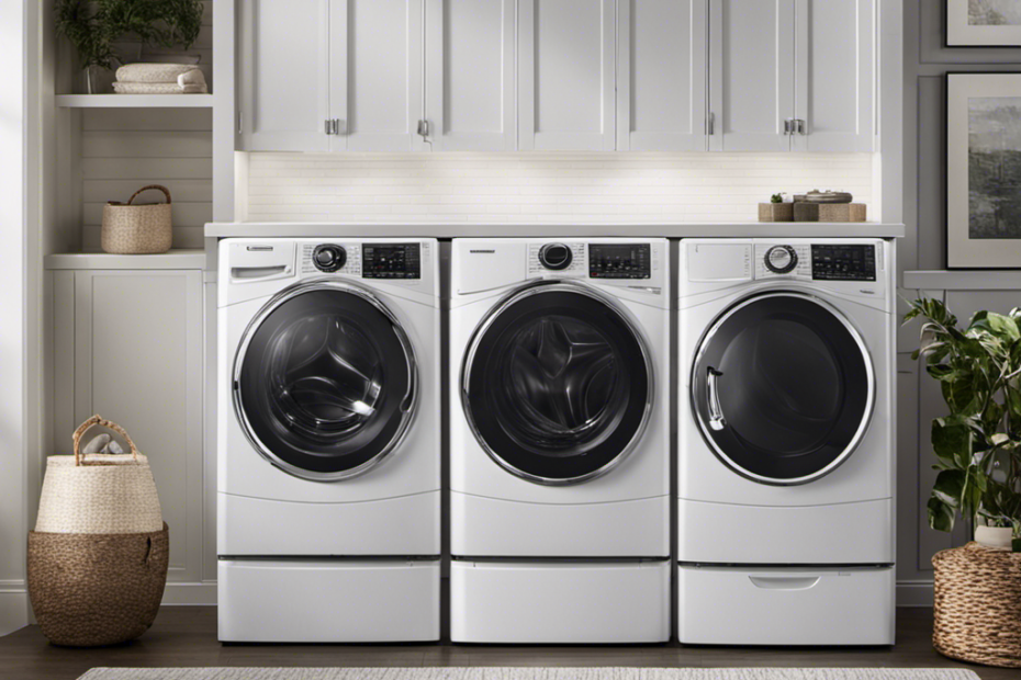 An image showcasing a washer and dryer with specialized features like a hair-catching lint filter, powerful water jets, and an advanced pet hair removal system, effortlessly eliminating long hair and pet hair from clothes