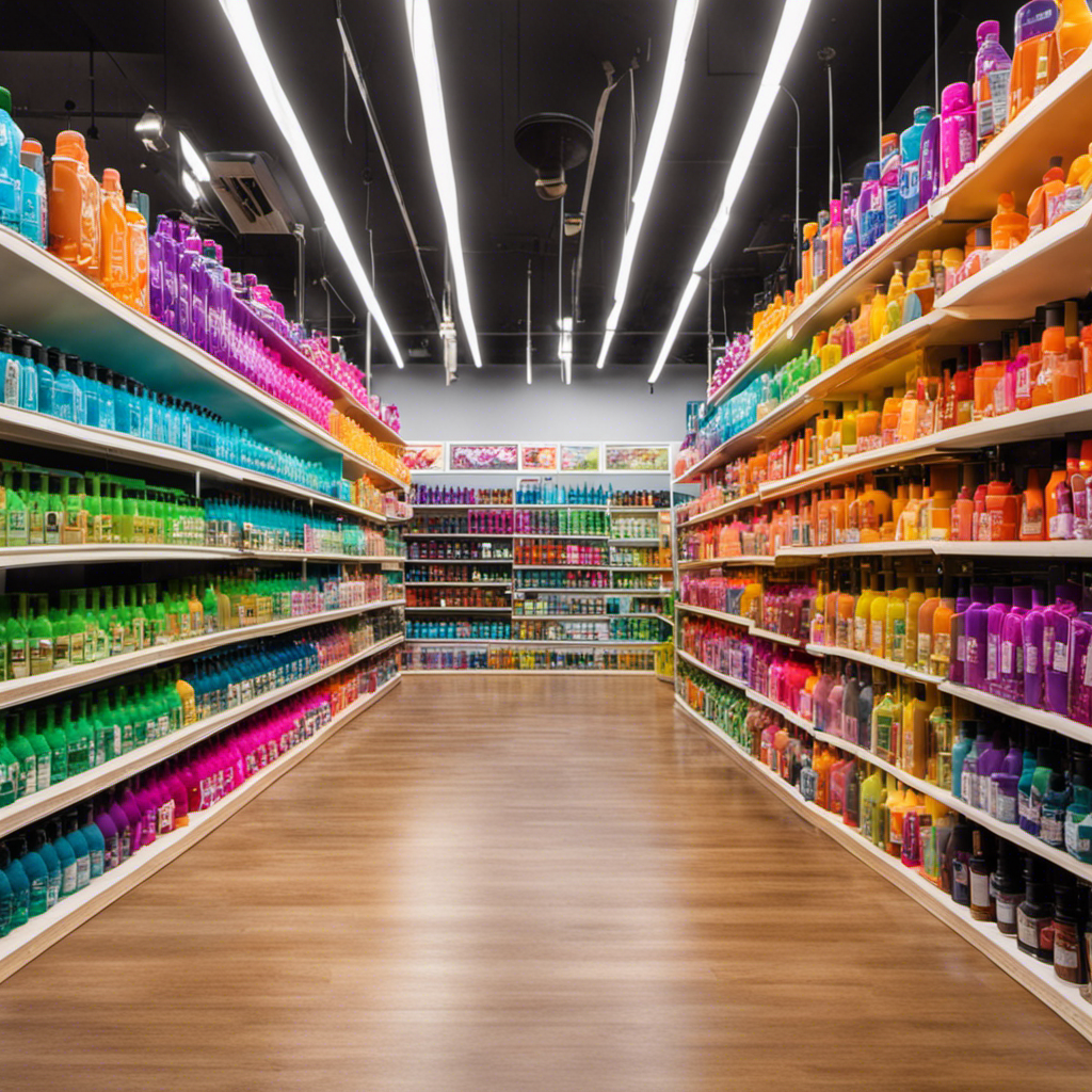 An image of a vibrant pet grooming store aisle, filled with shelves displaying an array of vivid pet hair dye bottles