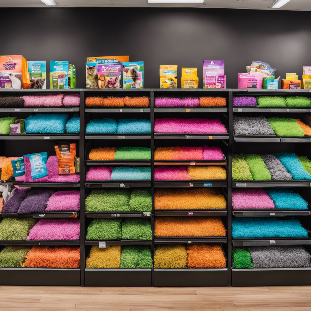 An image showcasing a vibrant pet store aisle with neatly arranged shelves filled with a variety of pet hair pickup rollers, offering a range of colors, sizes, and designs to cater to every pet owner's needs