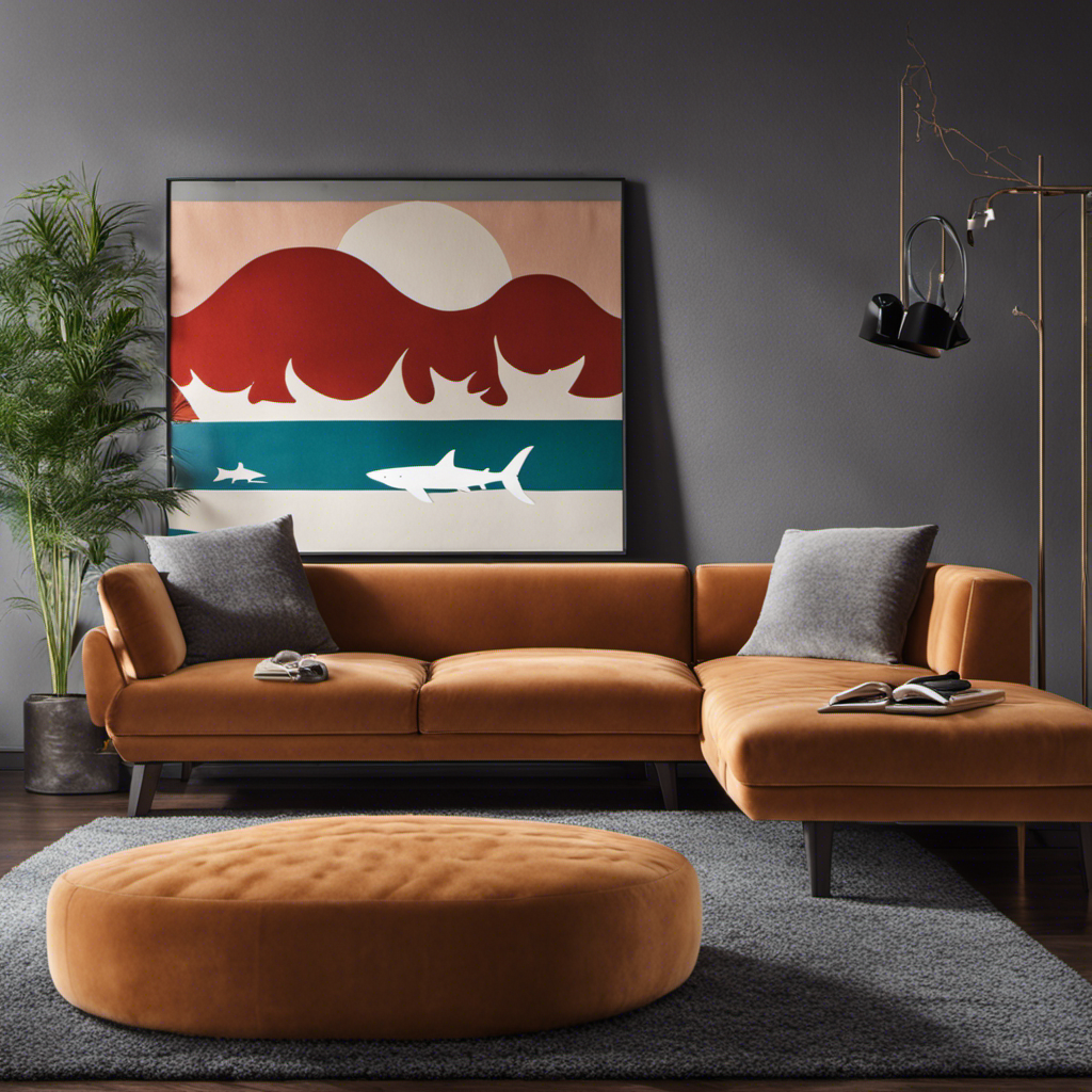 An image showcasing a sleek, modern living room with a plush shark-themed rug